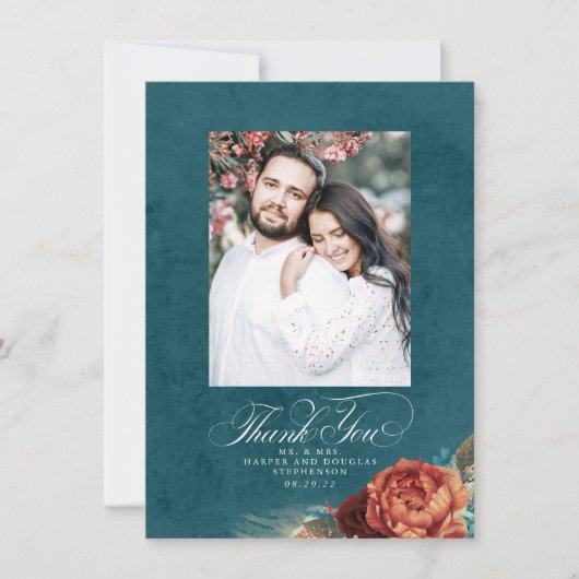 Terracotta Blauwgroen Blue Weddenschap Foto Bedankkaart (Voorkant)