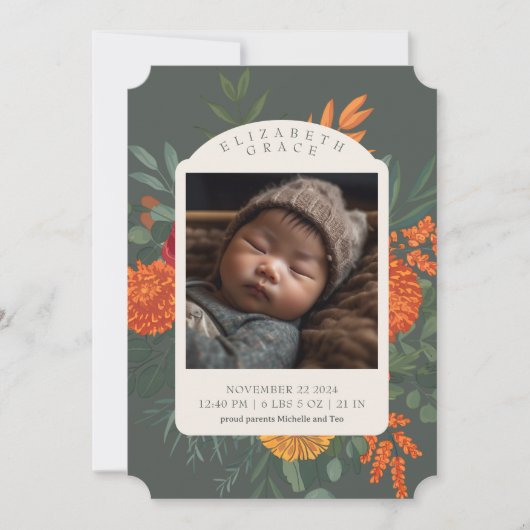 Terracotta Blauwgroen Herfst Bloemen Geboorteaanko Kaart (Voorkant)