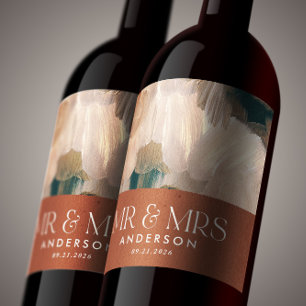 Terracotta blauwgroen Mr. Mrs. bedankt voor uw bru Wijn Etiket