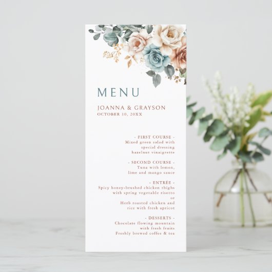 Terracotta Blauwgroen Neutrale Waterverf bloemenbr Menu (Staand voorkant)