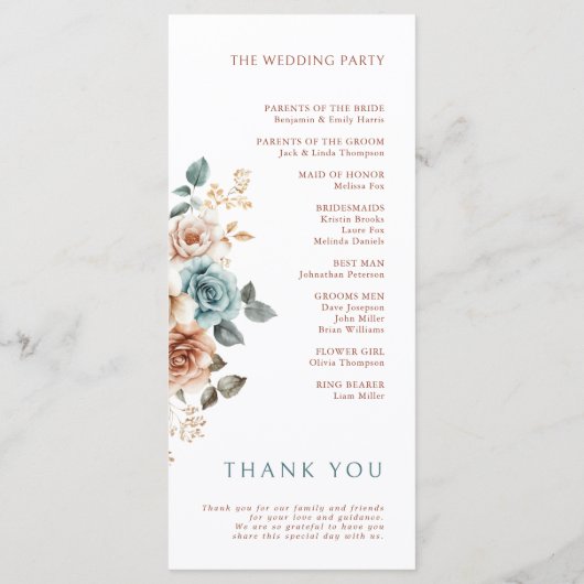 Terracotta Blauwgroen Neutrale Waterverf bloemenbr Programmakaart (Achterkant)