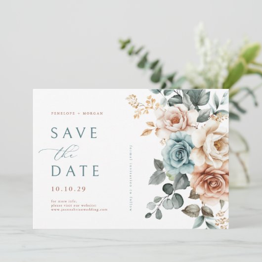 Terracotta Blauwgroen Neutrale Waterverf bloemenbr Save The Date (Staand voorkant)