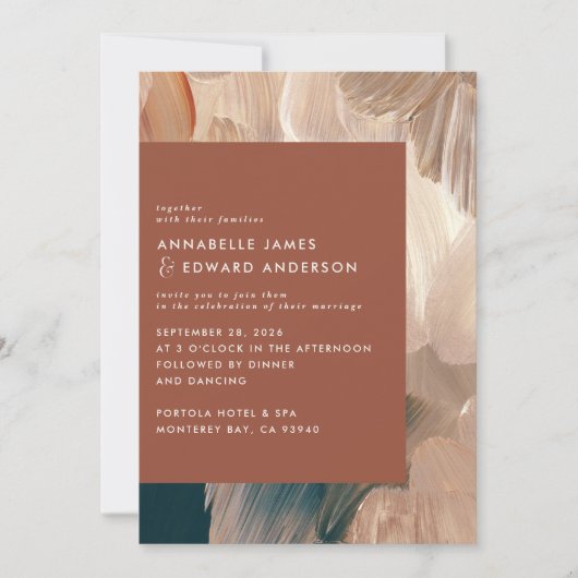 Terracotta blauwgroen schildintermoderne, stijlvol save the date (Voorkant)