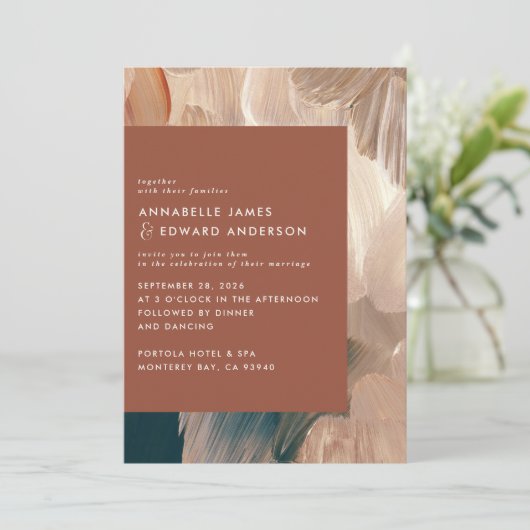 Terracotta blauwgroen schildintermoderne, stijlvol save the date (Staand voorkant)