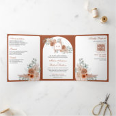 Terracotta Bloem Boho Pampas QR Code Bruiloft Drieluik Uitnodiging (Binnen)