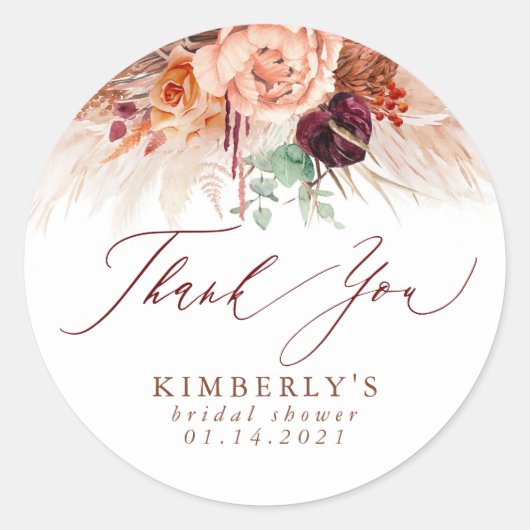 Terracotta Bloem Pampas Gras Bedankt Ronde Sticker (Voorkant)