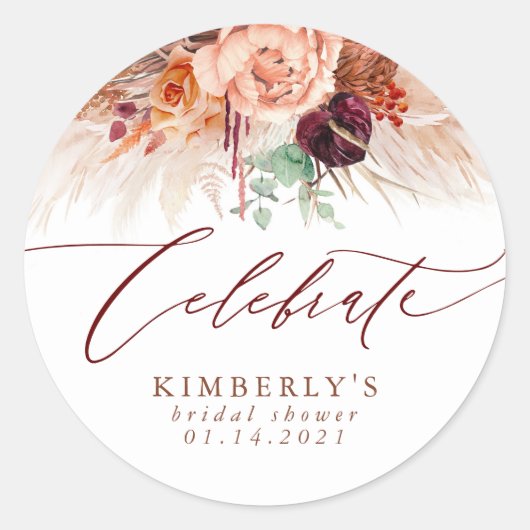 Terracotta Bloem Pampas Gras CELEBRATE Ronde Sticker (Voorkant)