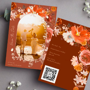 Terracotta bloem QR-code foto save the date Folie Uitnodiging