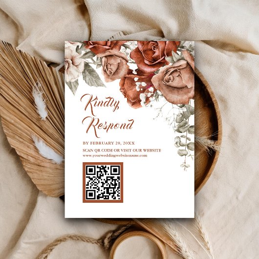 Terracotta bloem QR-code RSVP trouwwebsite Informatiekaartje
