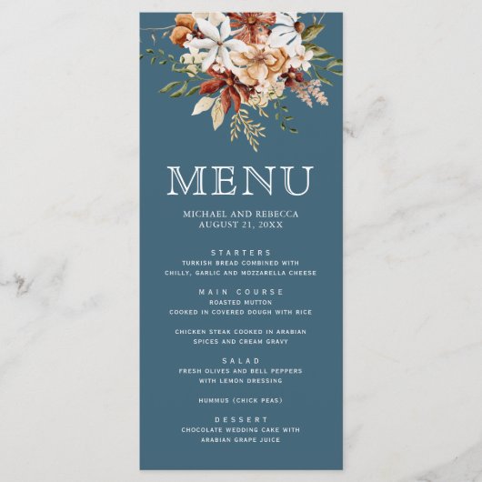 Terracotta Bloem Wilde Bloem Stof Blauw Bruiloft Menu (Voorkant)
