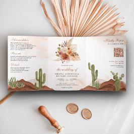 Terracotta Bloem Woestijn Cactus QR Code Trouwen Drieluik Uitnodiging