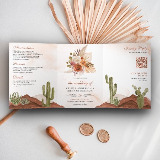 Terracotta Bloem Woestijn Cactus QR Code Trouwen Drieluik Uitnodiging