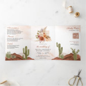Terracotta Bloem Woestijn Cactus QR Code Trouwen Drieluik Uitnodiging (Binnen)