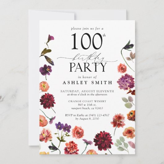 Terracotta Bloemen 100ste Verjaardagsfeestje Elega Kaart (Voorkant)