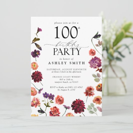 Terracotta Bloemen 100ste Verjaardagsfeestje Elega Kaart (Staand voorkant)
