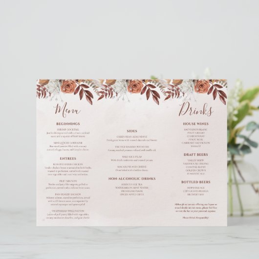 Terracotta Bloemen Boho Fall Bruiloft Trifold Menu (Staand voorkant)