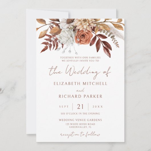 Terracotta Bloemen Boho Herfst Alles in één bruilo Kaart (Voorkant)