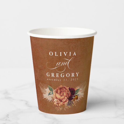 Terracotta bloemen Boho moderne herfsttrouw Papieren Bekers (Achterkant)