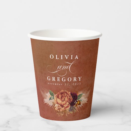 Terracotta bloemen Boho moderne herfsttrouw Papieren Bekers (Voorkant)