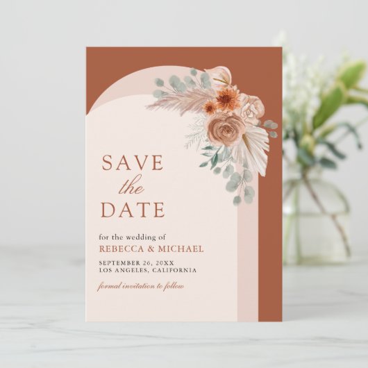 Terracotta Bloemen Boho Pampas Boog Foto QR Code Save The Date (Staand voorkant)
