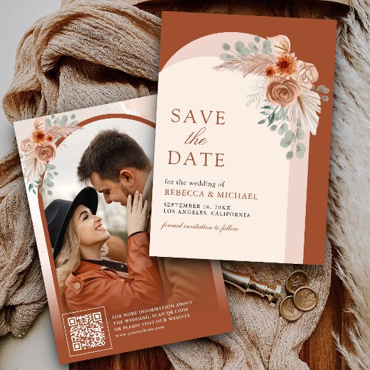Terracotta Bloemen Boho Pampas Boog Foto QR Code Save The Date