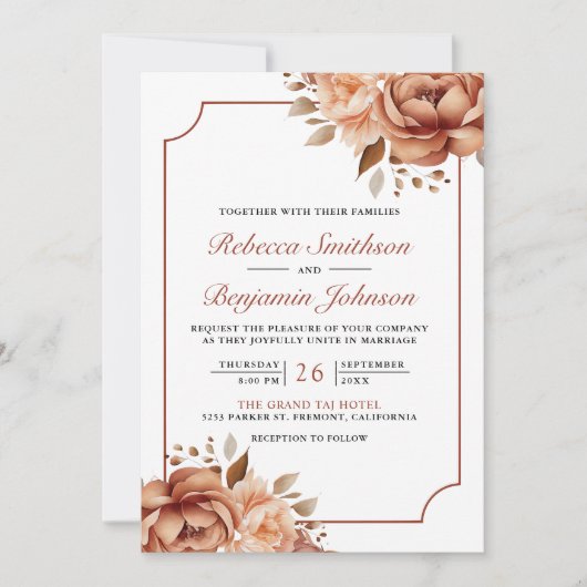 Terracotta Bloemen Border Foto QR Code Bruiloft Kaart (Voorkant)