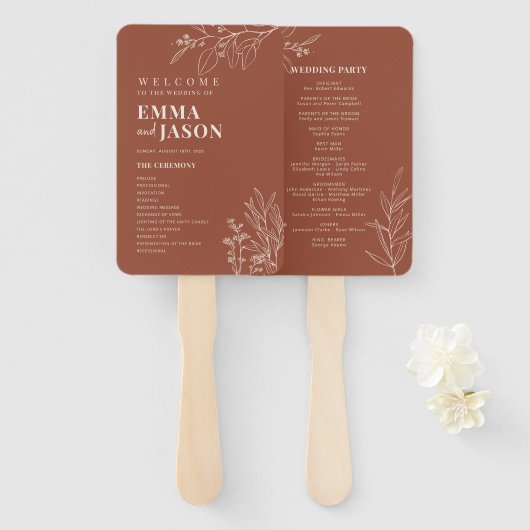  Terracotta Bloemen Bruiloft Handventilatorprogram Handwaaier (Voorkant en achterkant)
