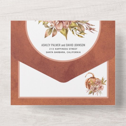 Terracotta bloemen en pompoen herfst bruiloft all in one uitnodiging (Achterkant)