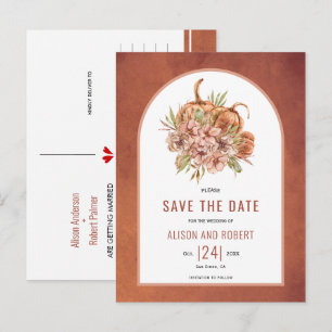 Terracotta bloemen en pompoenen Save the Date Briefkaart