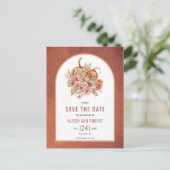 Terracotta bloemen en pompoenen Save the Date Briefkaart (Staand voorkant)