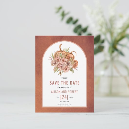 Terracotta bloemen en pompoenen Save the Date Briefkaart (Staand voorkant)