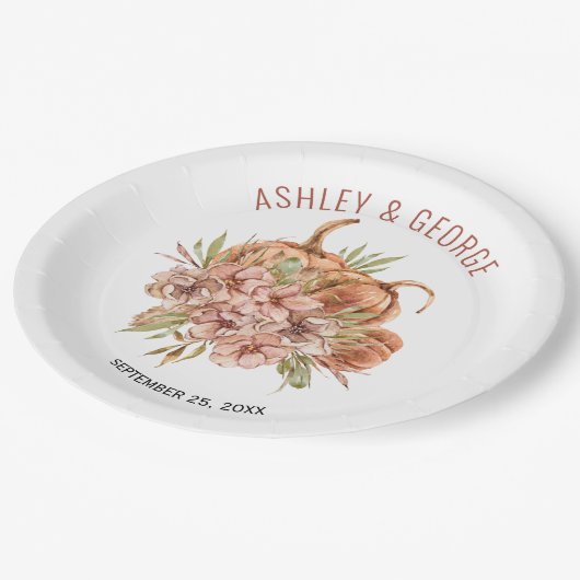 Terracotta bloemen en pompoenen vallen bruiloft papieren bordje (Gekanteld)