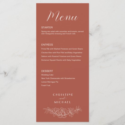 Terracotta Bloemen Formele Elegante Huwelijk Menu (Voorkant)