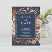 Terracotta Bloemen Foto Marine Blauw Huwelijk Save The Date (Staand voorkant)