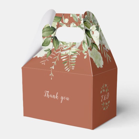 Terracotta Bloemen Groen Monogram Bruiloft Bedankdoosjes (Achterkant)