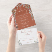 Terracotta Bloemen Groen Script Bruiloft All In One Uitnodiging (Afscheurbaar)