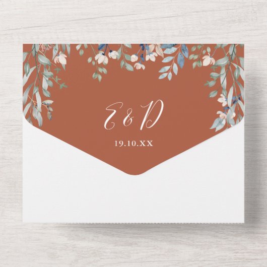 Terracotta Bloemen Groen Script Bruiloft All In One Uitnodiging (Achterkant)
