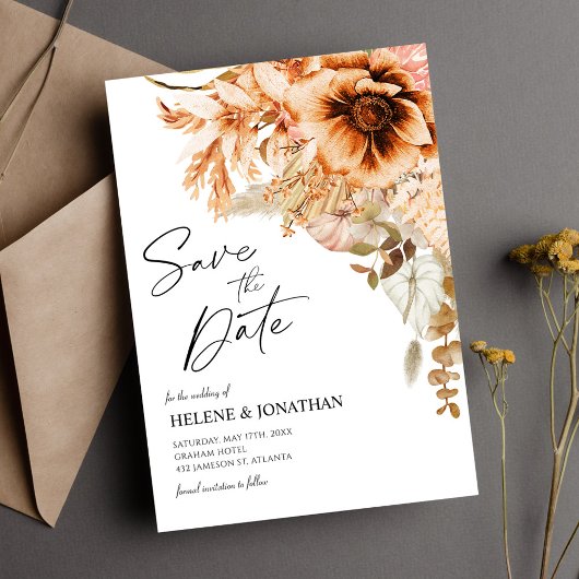 Terracotta Bloemen Herfst Bruiloft Save the Date