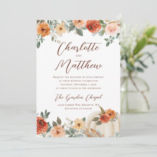 Terracotta Bloemen Herfst Pompoen Bruiloft Kaart (Staand voorkant)