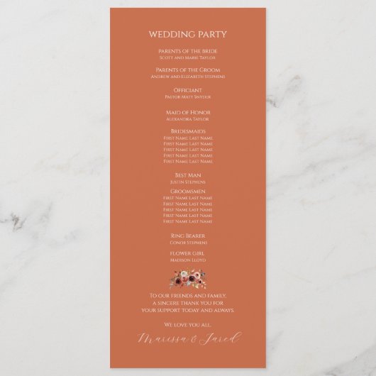 Terracotta Bloemen Huwelijk Programma Programmakaart (Achterkant)