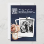 Terracotta Bloemen Kant Marine Blauw QR Code Huwel Kaart (Achterkant)