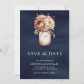 Terracotta Bloemen Marine Blauwe Foto Huwelijk Save The Date (Voorkant)