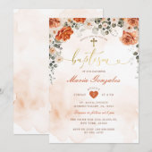 Terracotta Bloemen Meisje Doop Gouden Doop Kaart (Voorkant / Achterkant)