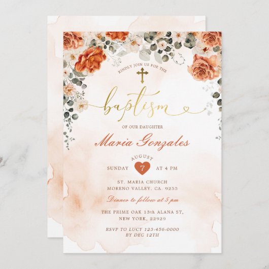 Terracotta Bloemen Meisje Doop Gouden Doop Kaart (Voorkant / Achterkant)