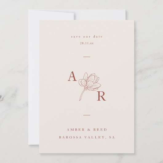 Terracotta bloemen minimalistisch monogram elegant save the date (Voorkant)