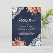 Terracotta Bloemen Navy Foto QR Code Bruidsfeest Kaart (Staand voorkant)