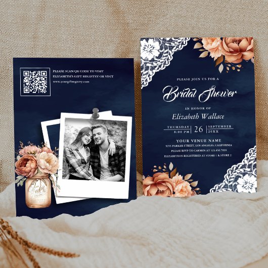 Terracotta Bloemen Navy Foto QR Code Bruidsfeest Kaart