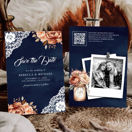Terracotta Bloemen Navy Foto QR Code Trouwfeest Save The Date