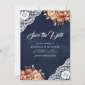 Terracotta Bloemen Navy Foto QR Code Trouwfeest Save The Date (Voorkant)