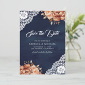 Terracotta Bloemen Navy Foto QR Code Trouwfeest Save The Date (Staand voorkant)